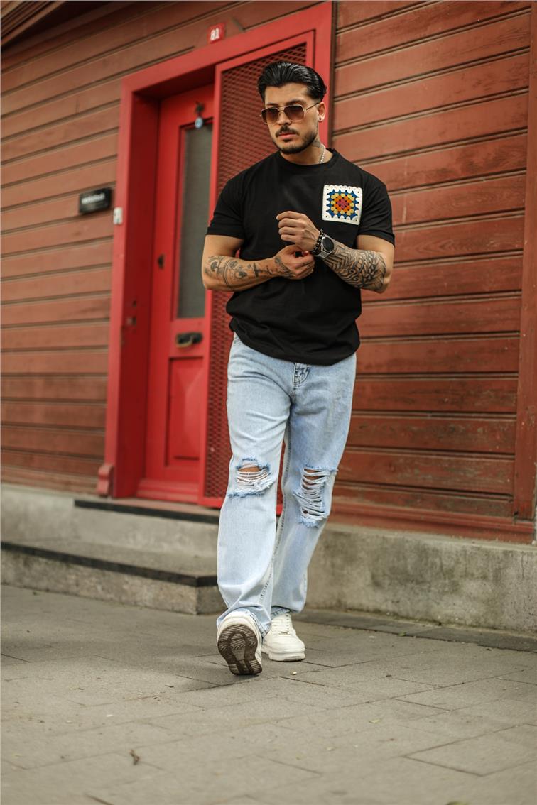 Dizi Yırtık Baggy Jean Yıkamalı Açık Mavi