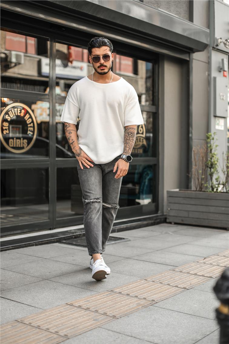 Dizi Yırtık Püsküllü Boyfirend Jean Yıkamalı Gri