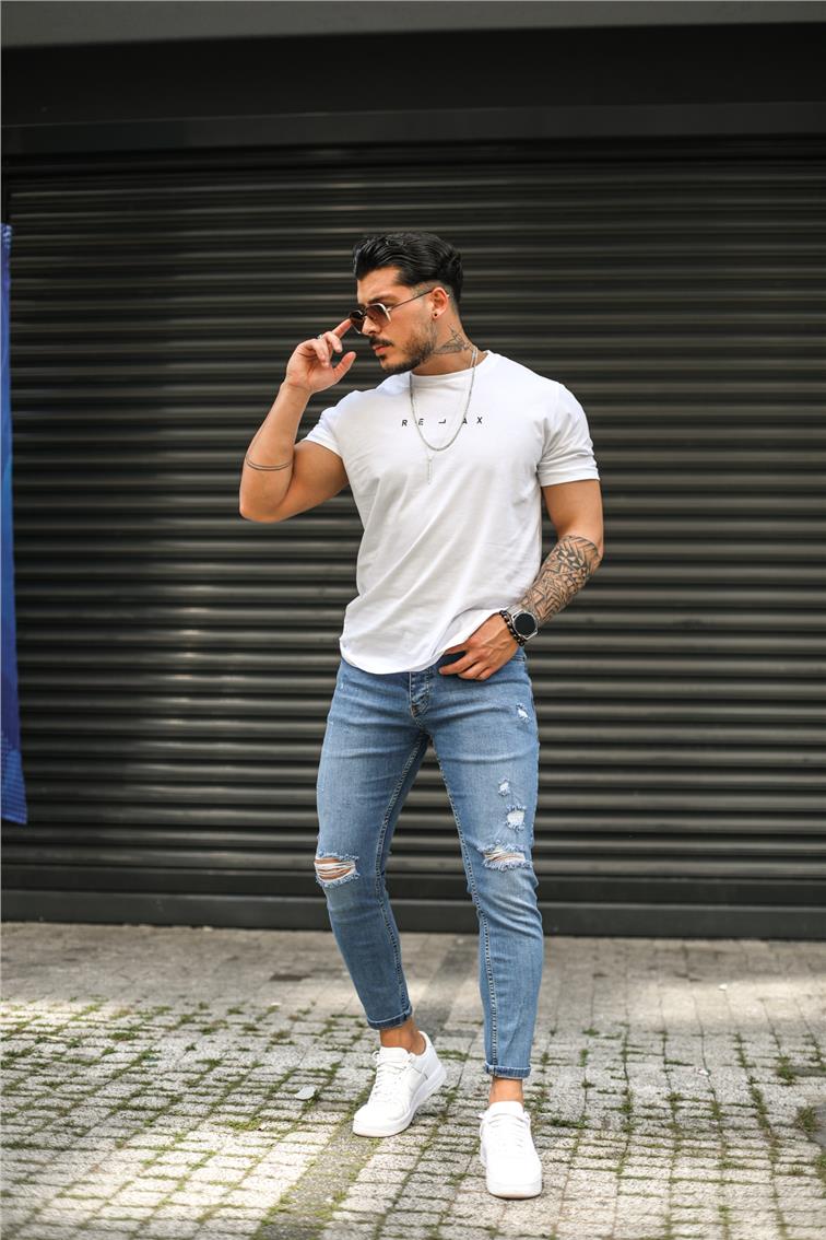 Dizi Yırtık Taşlamalı Skinny Jean Yıkamalı Mavi