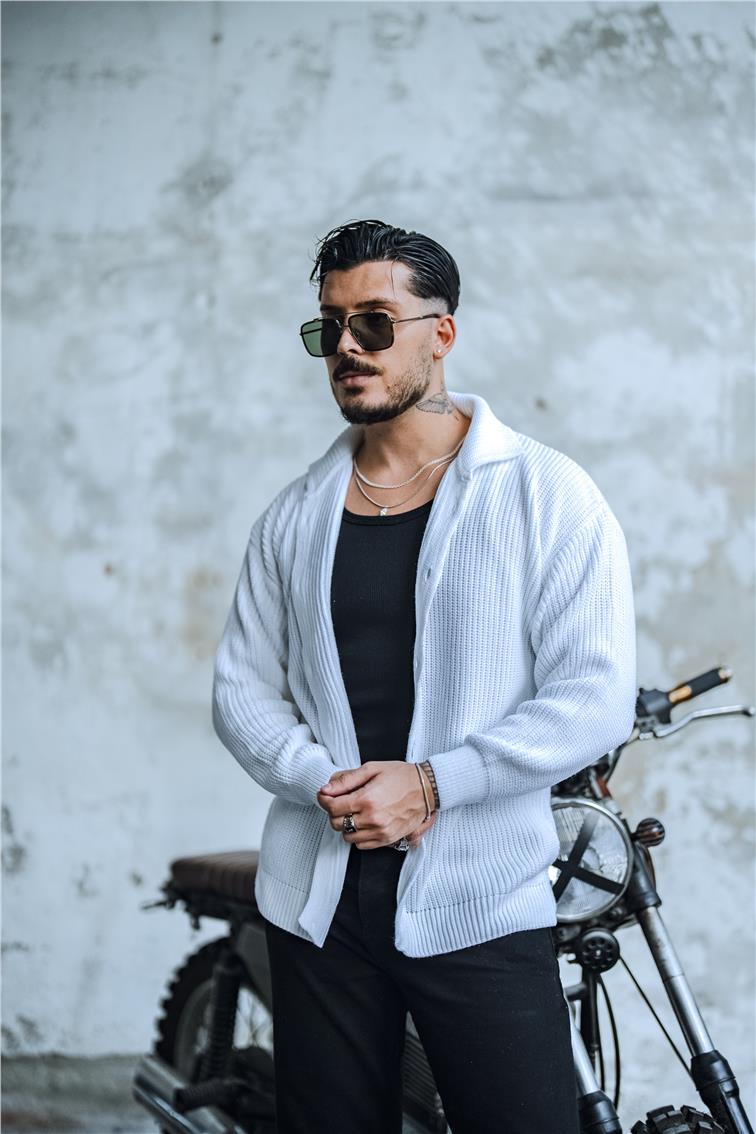 Dokulu Örme Oversize Hırka Beyaz