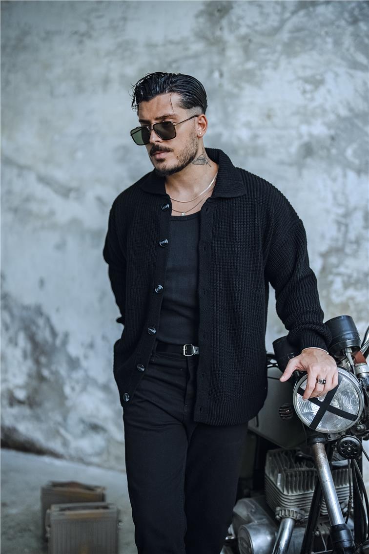 Dokulu Örme Oversize Hırka Siyah
