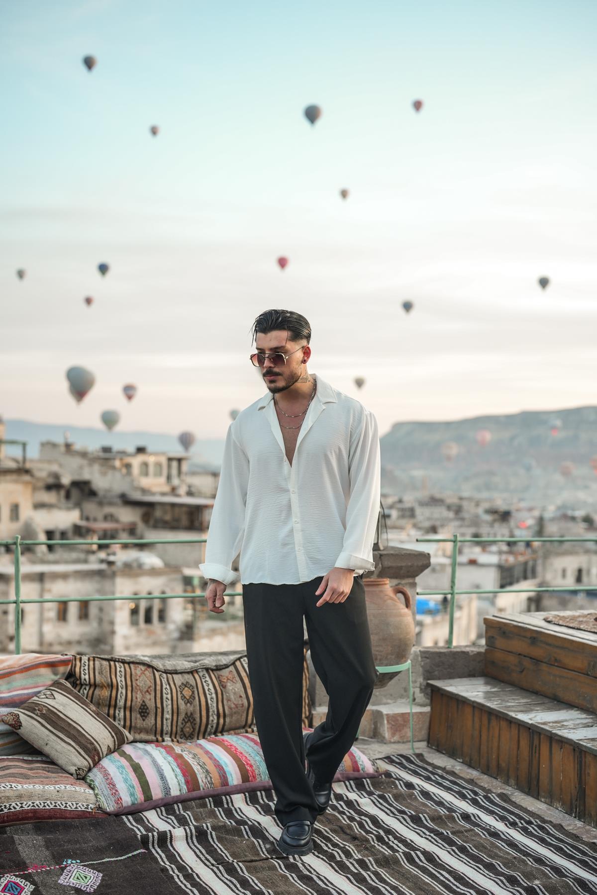 Dokulu Oversize Gömlek Beyaz