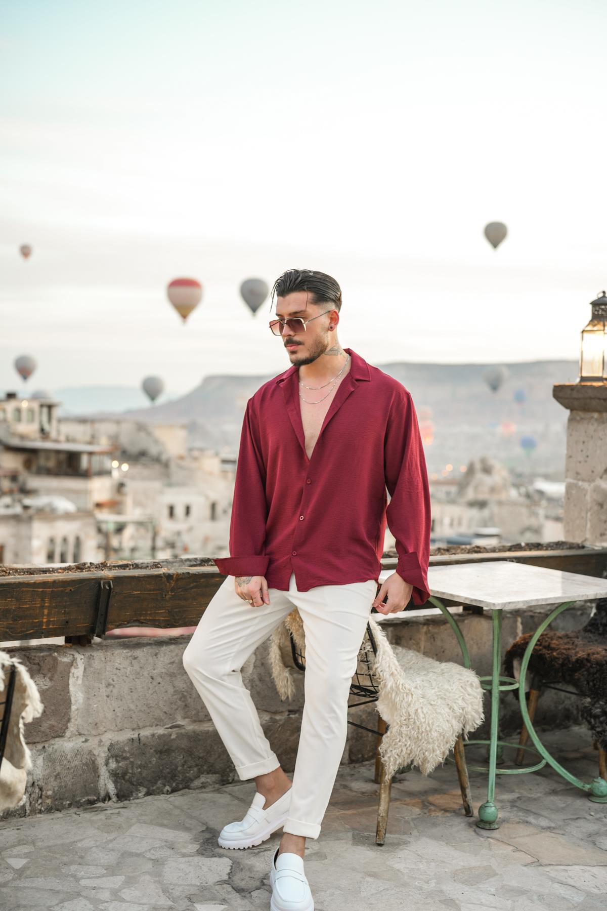 Dokulu Oversize Gömlek Bordo