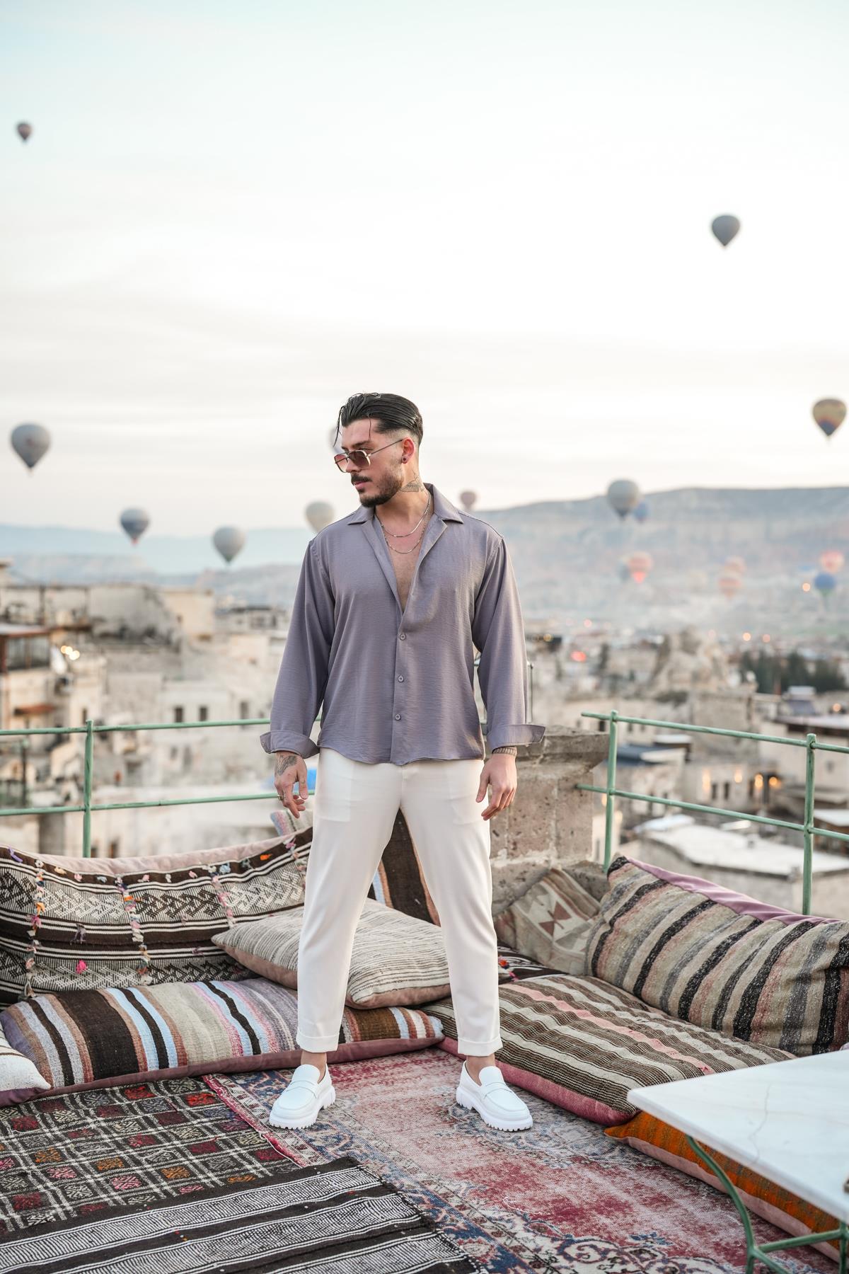 Dokulu Oversize Gömlek Gri