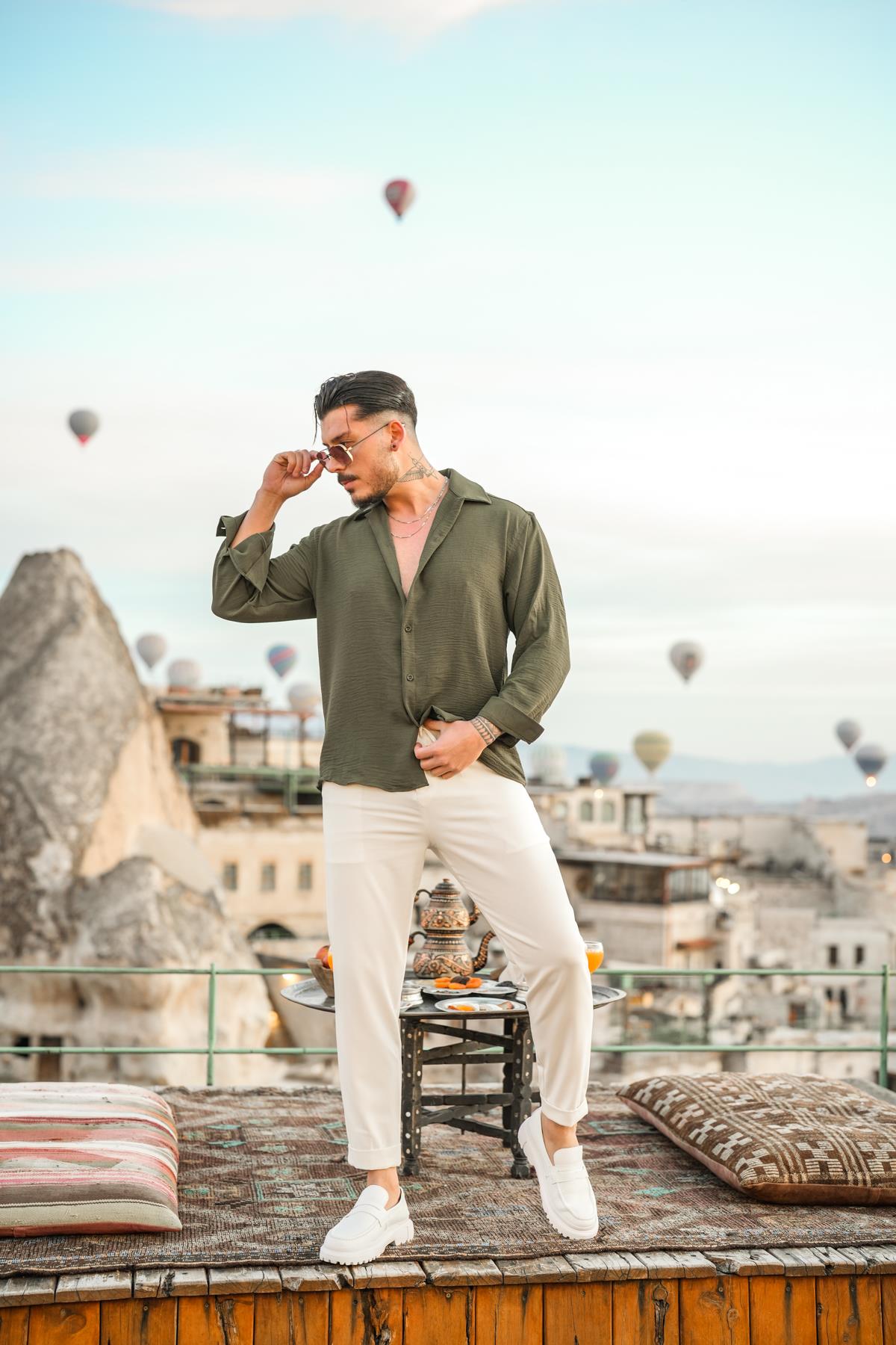 Dokulu Oversize Gömlek Haki