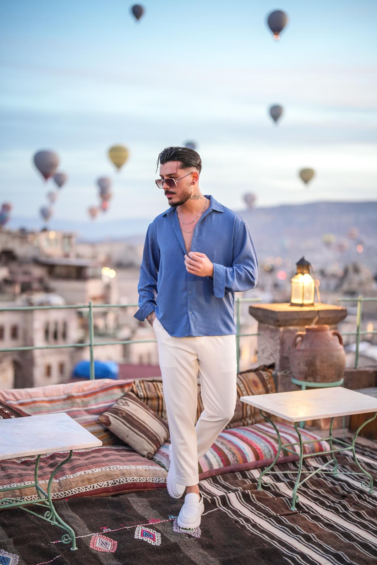 Dokulu Oversize Gömlek İndigo