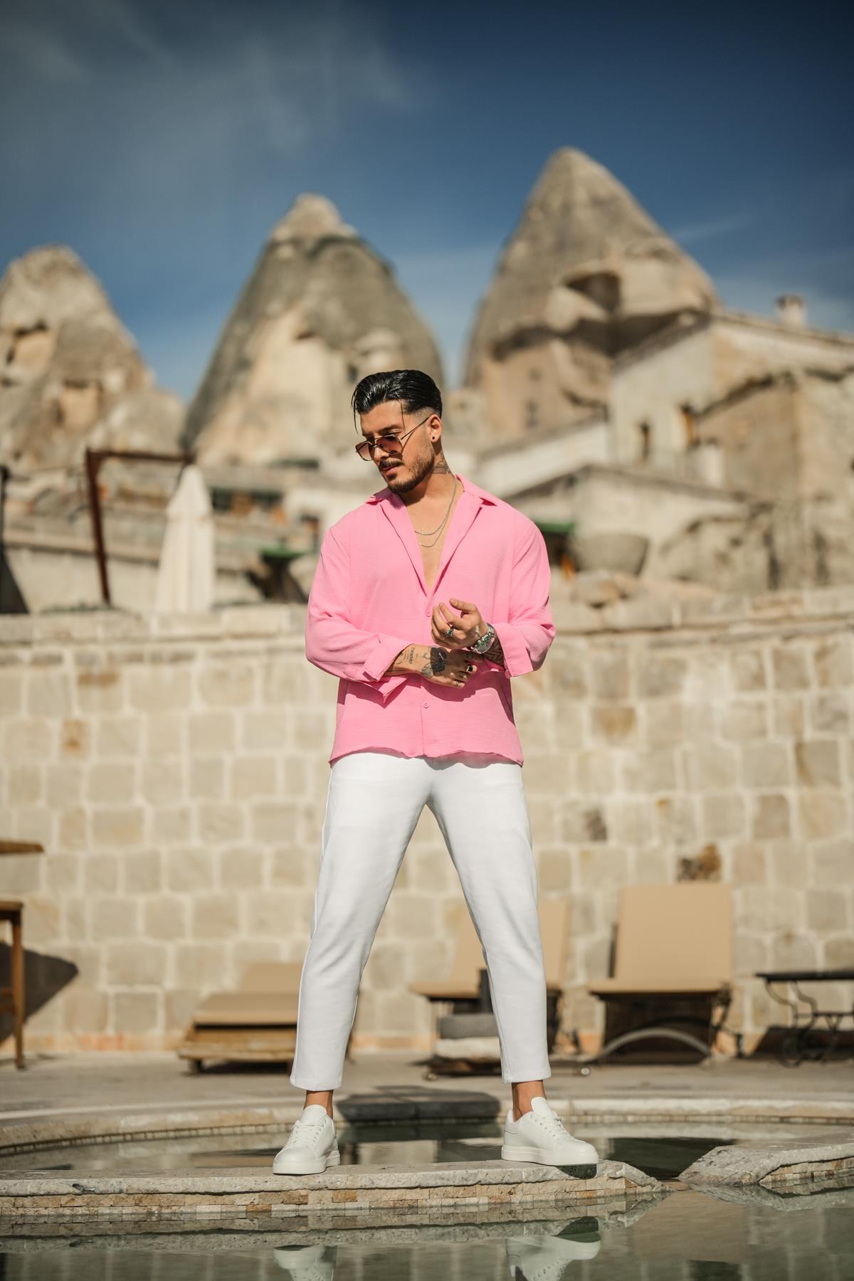 Dokulu Oversize Gömlek Pembe