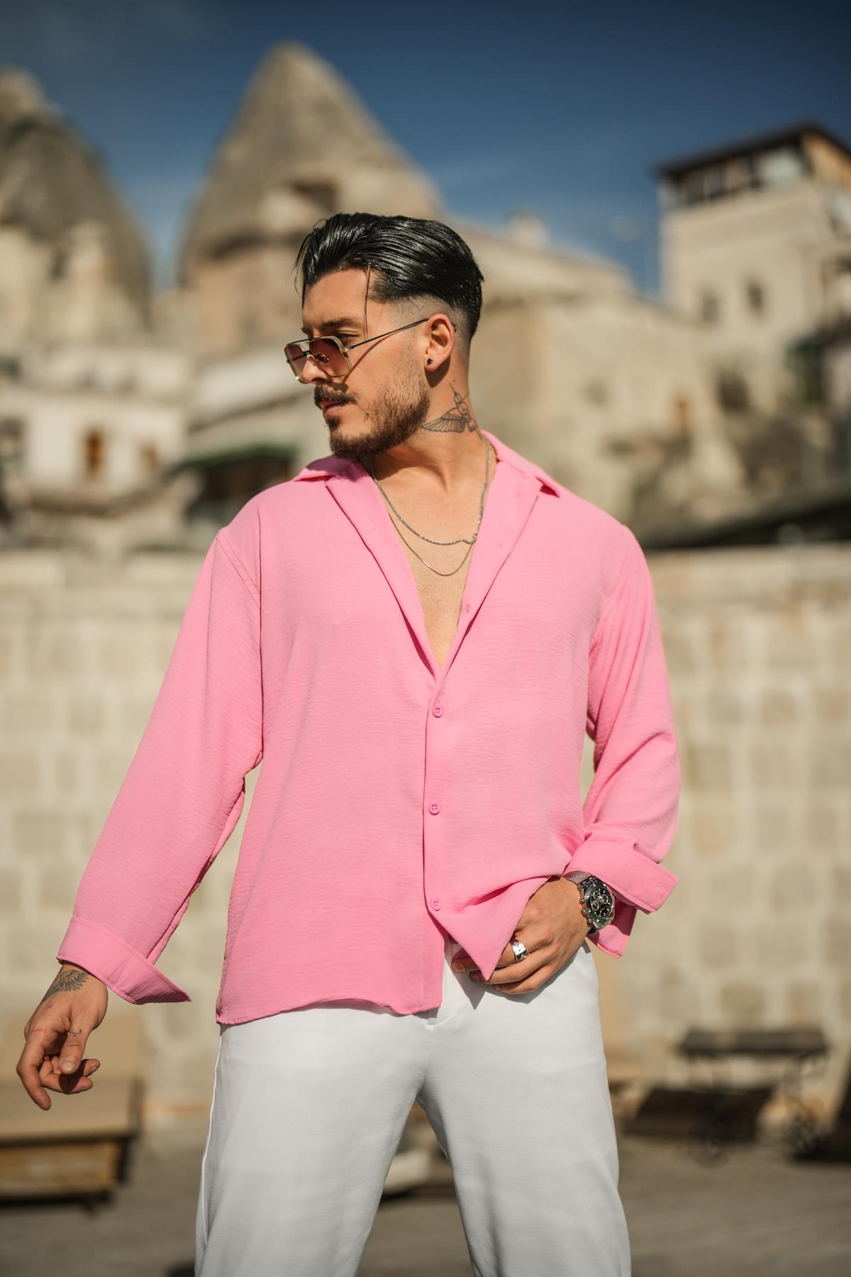 Dokulu Oversize Gömlek Pembe