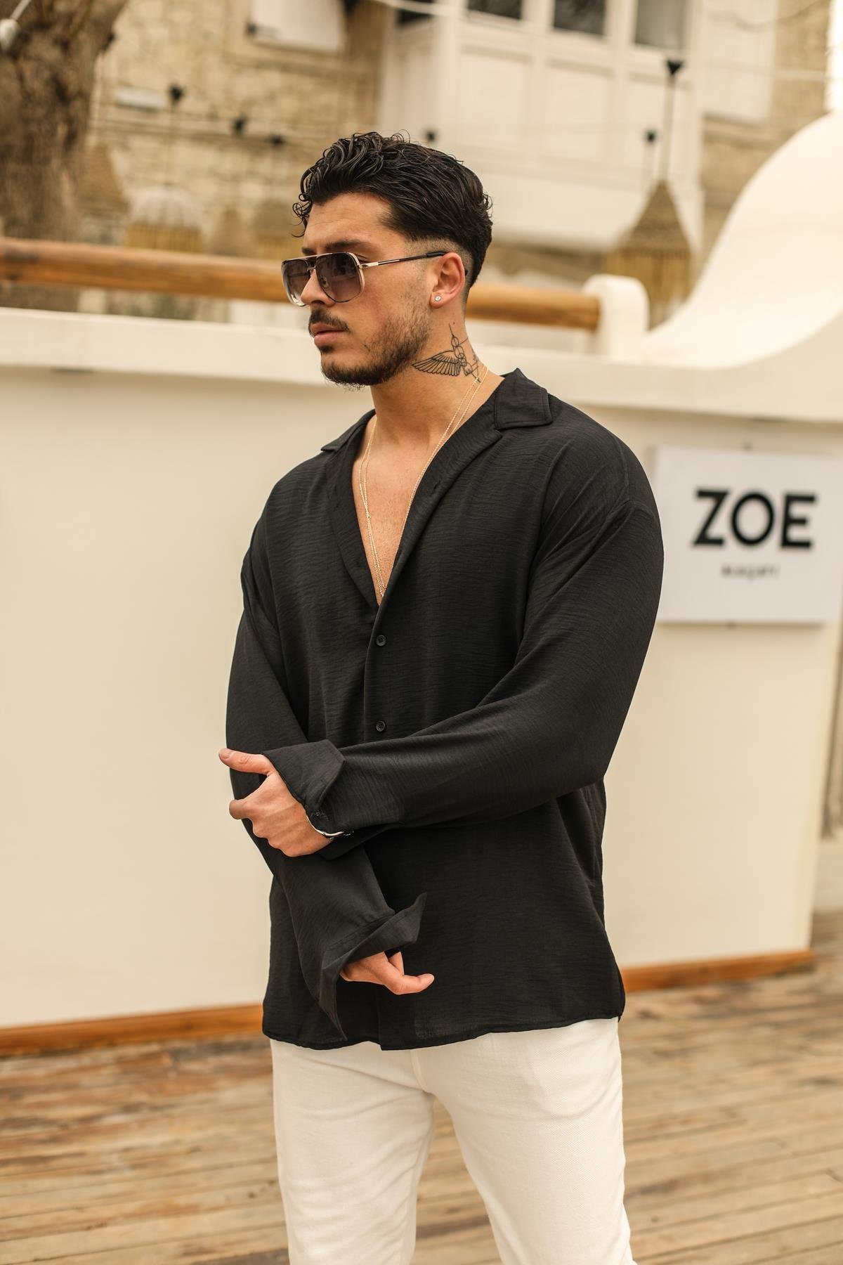 Dokulu Oversize Gömlek Siyah