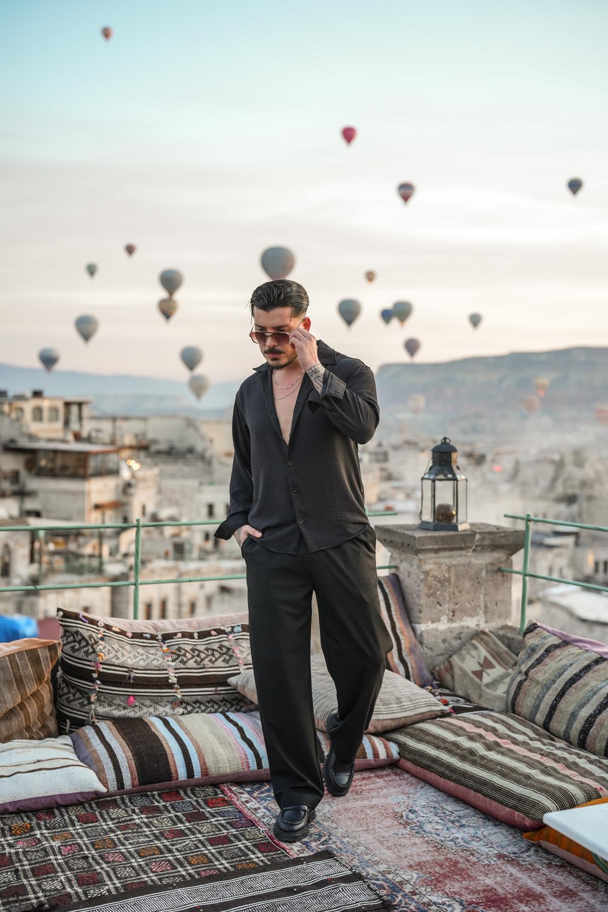 Dokulu Oversize Gömlek Siyah