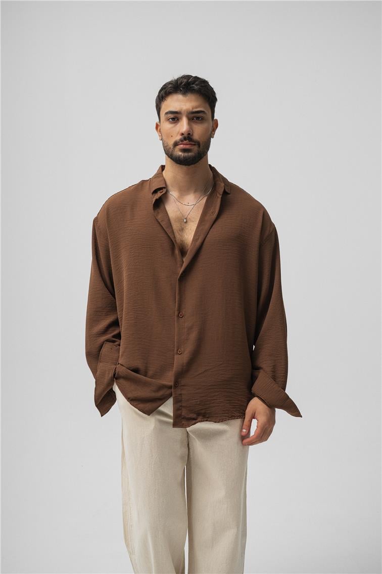 Dokulu Oversize Gömlek Sütlü Kahve