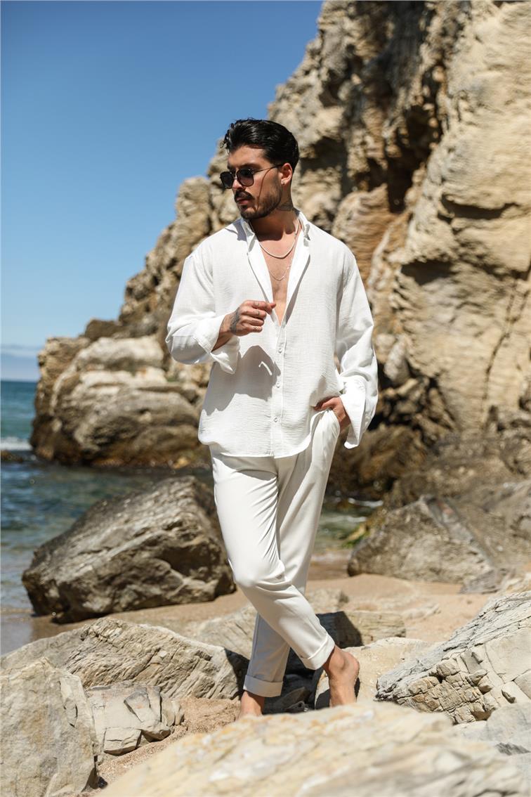 Dökümlü Yaka Düğmeli Oversize Gömlek Beyaz