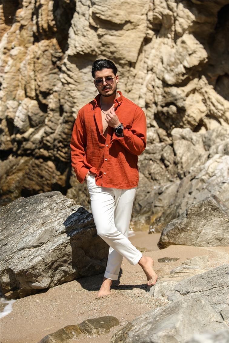 Dökümlü Yaka Düğmeli Oversize Gömlek Kiremit