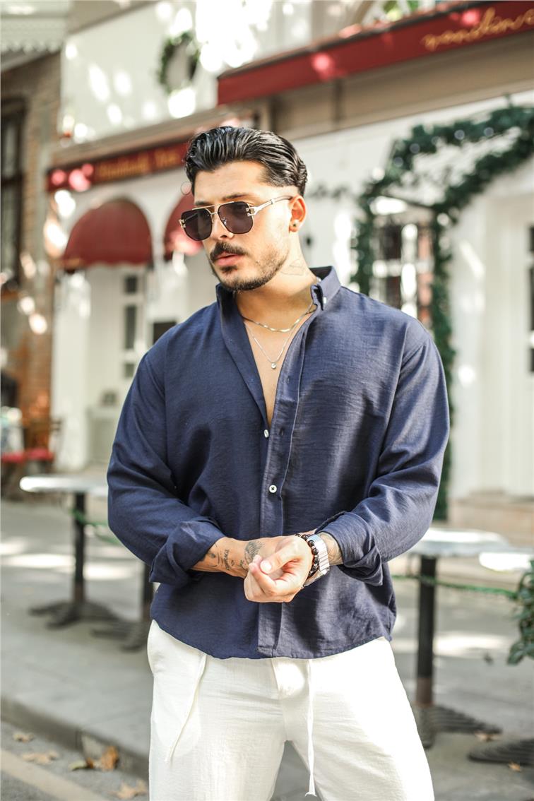 Dökümlü Yaka Düğmeli Oversize Gömlek Lacivert