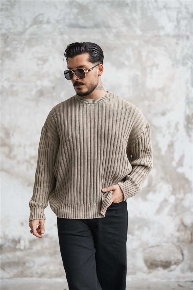 Dolgun Kumaş Yıkamalı Oversize Kazak Yıkamalı Bej