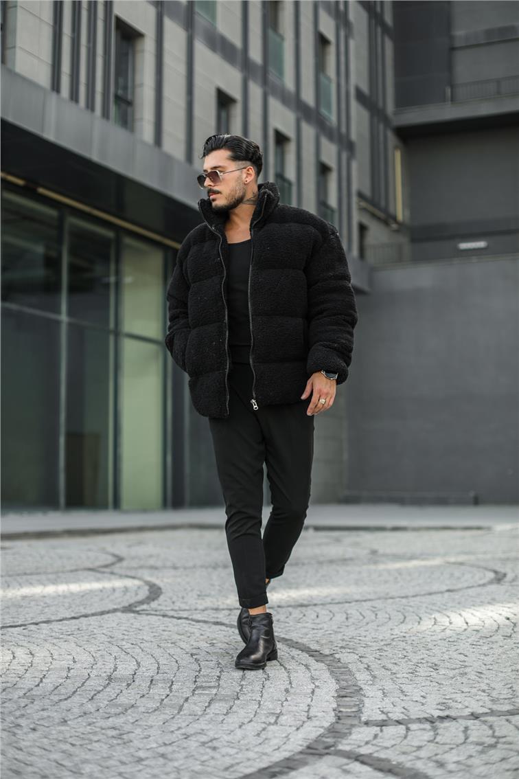 Dolgun Peluş Oversize Mont Siyah