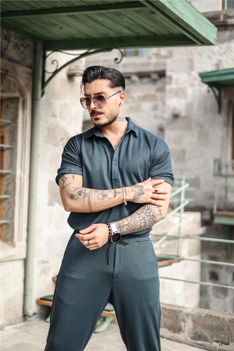 Dört Düğmeli Oversize Polo Yaka Tshırt Petrol Mavisi