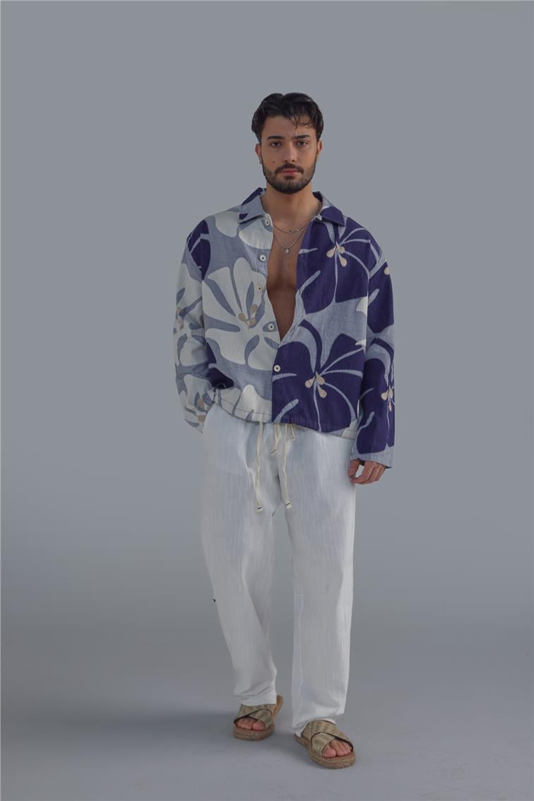 Double Color Linen Gömlek Mor-Krem