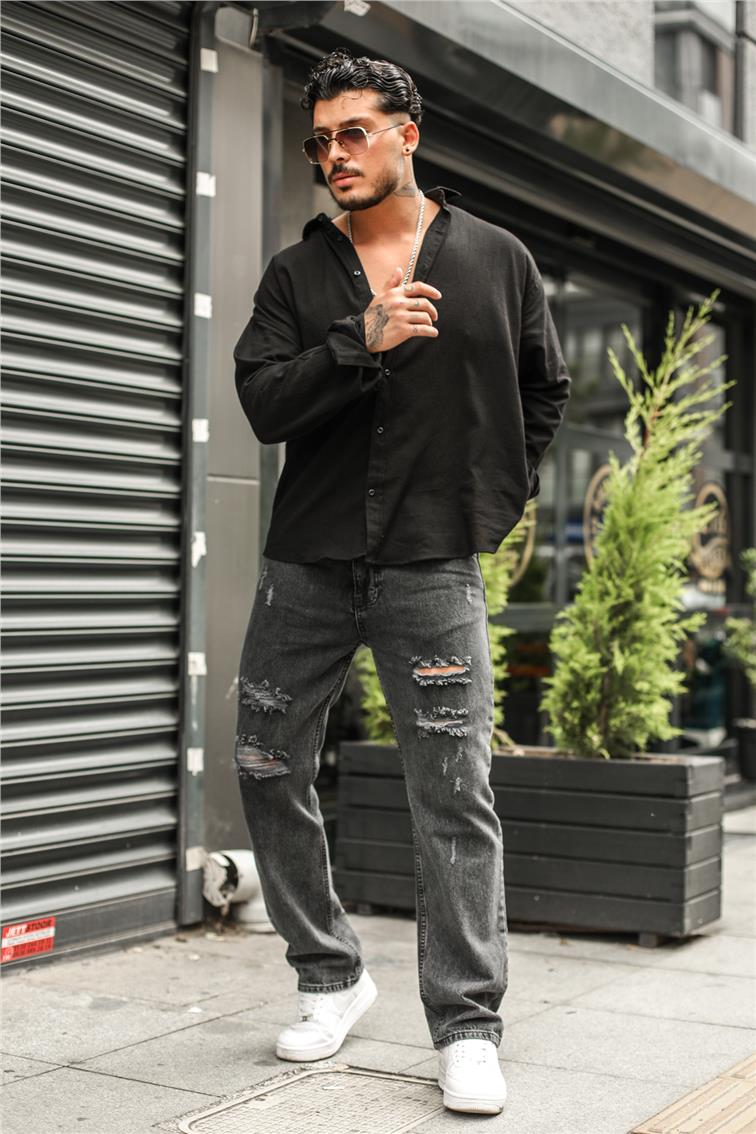 Double Yırtıklı Baggy Jean Yıkamalı Siyah