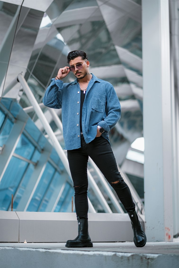 Düğme Detaylı Kadife Oversize Gömlek