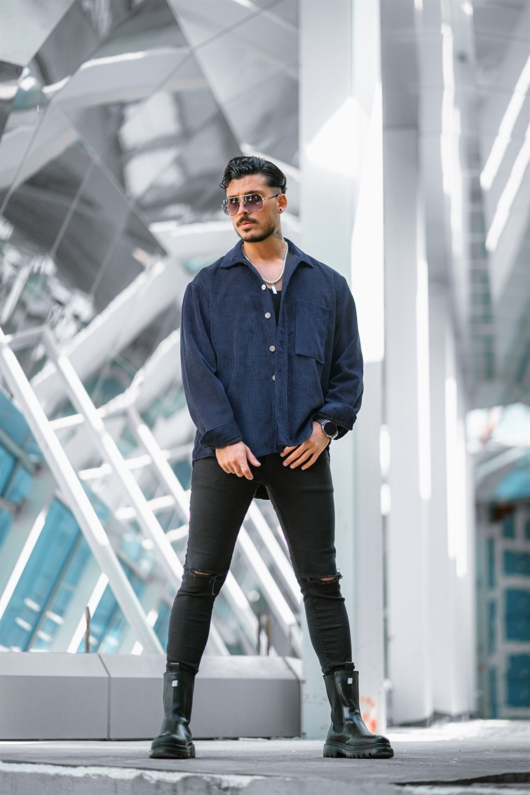 Düğme Detaylı Kadife Oversize Gömlek