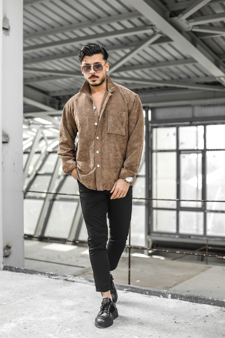 Düğme Detaylı Kadife Oversize Gömlek