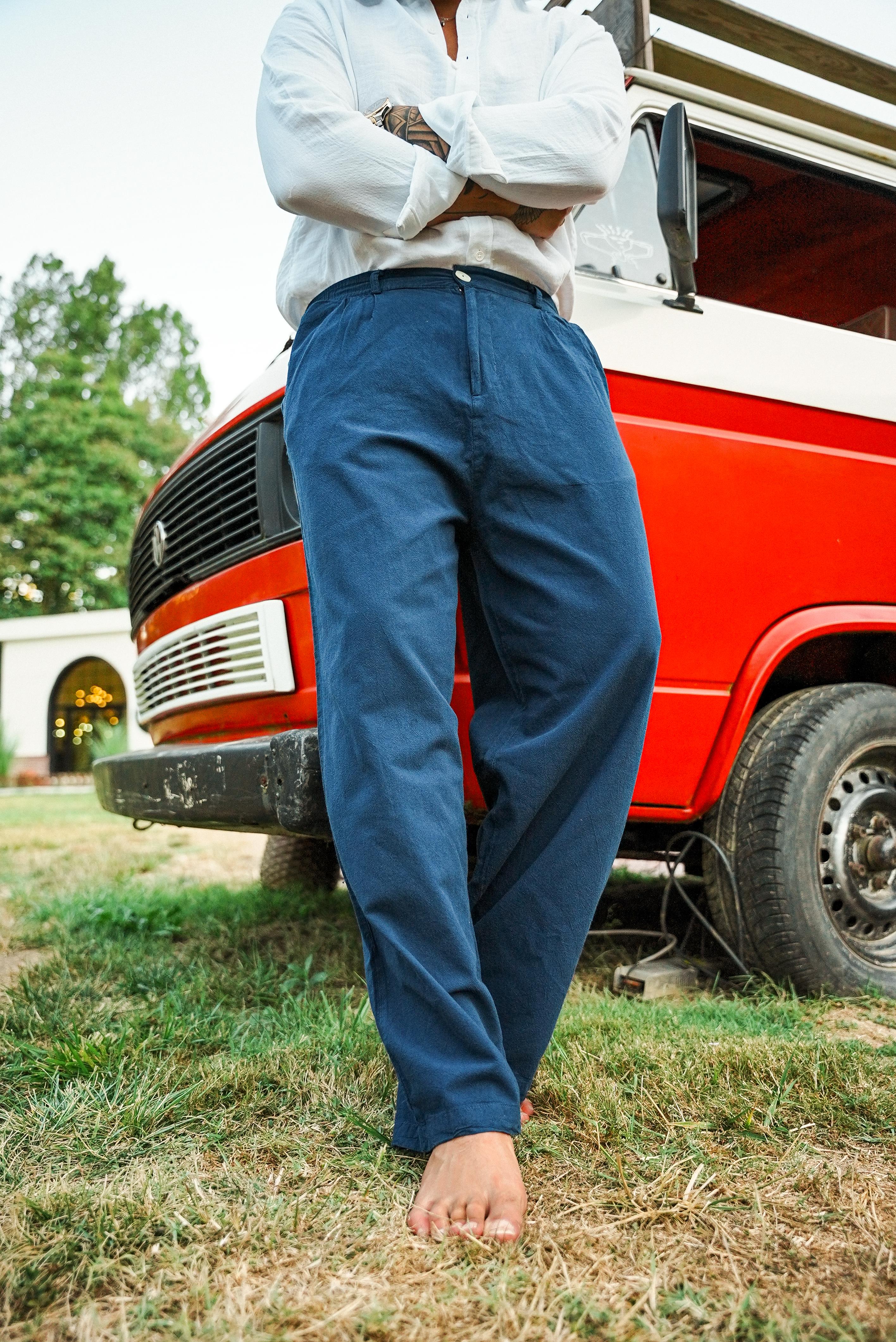 Düğmeli Bol Keten Pantolon Lacivert