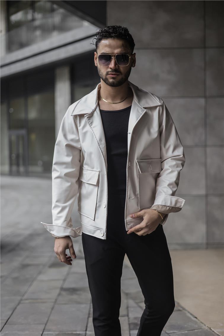 Düğmeli Kanguru Cep Ceket Krem