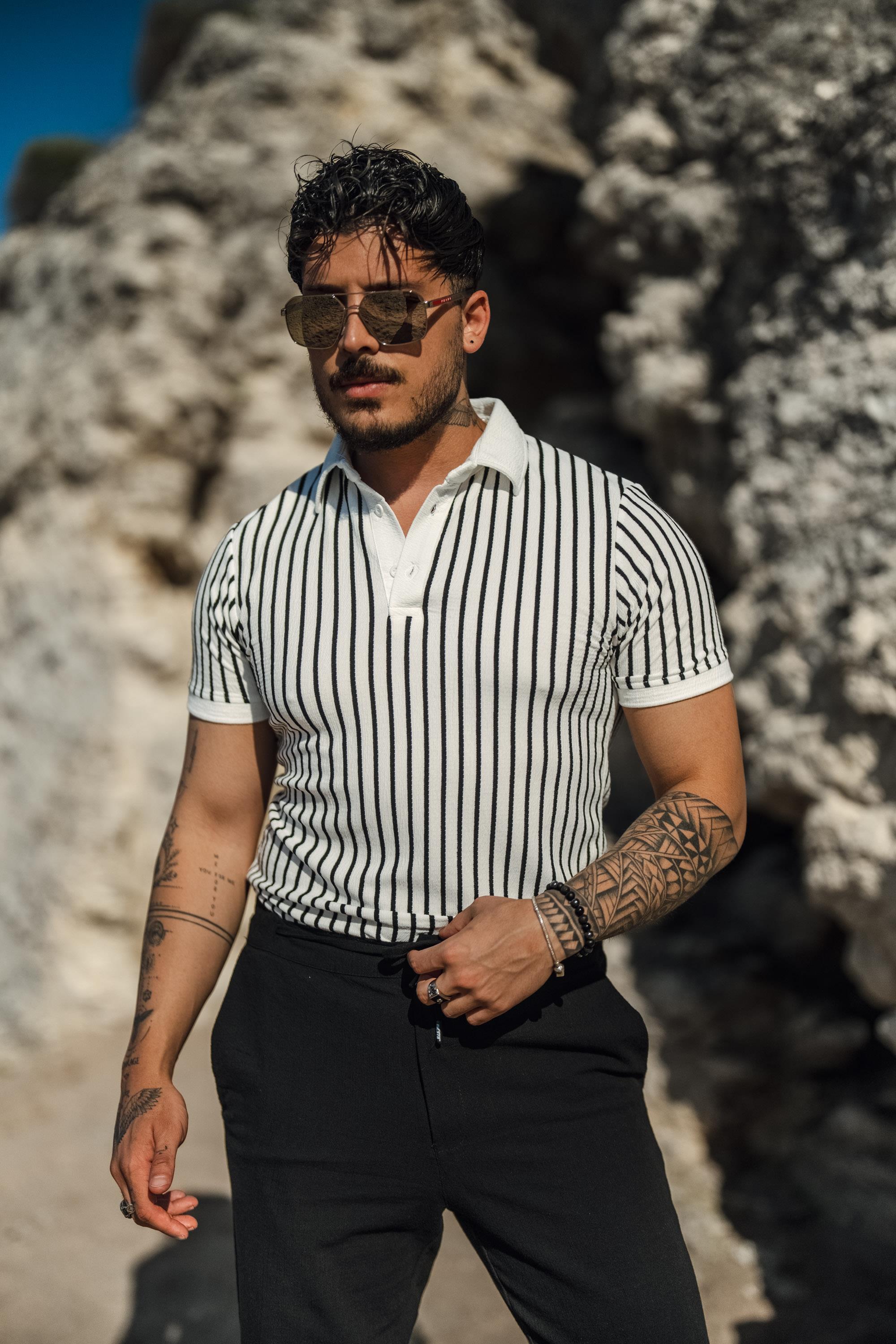 Düğmeli Şeritli Slim Fit T-Shirt Beyaz