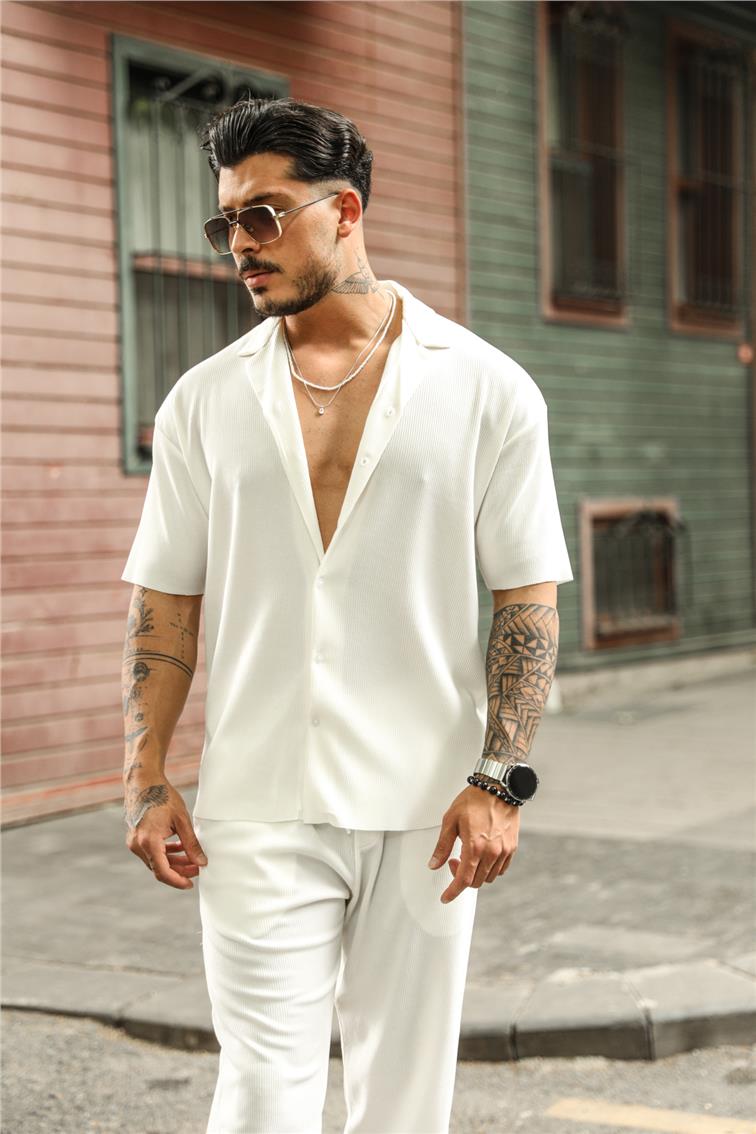 Düz Fitilli Oversize Kısa Kol Gömlek Beyaz