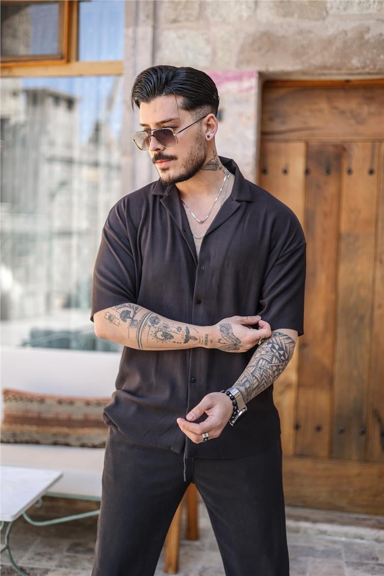 Düz Fitilli Oversize Kısa Kol Gömlek Füme
