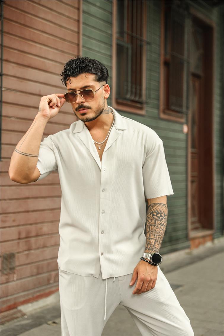 Düz Fitilli Oversize Kısa Kol Gömlek Gri