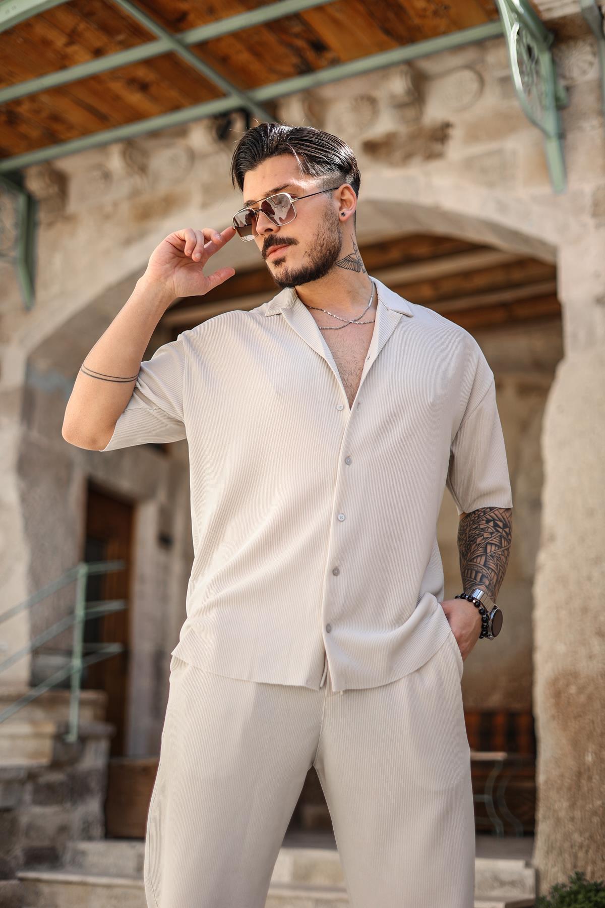 Düz Fitilli Oversize Kısa Kol Gömlek Gri