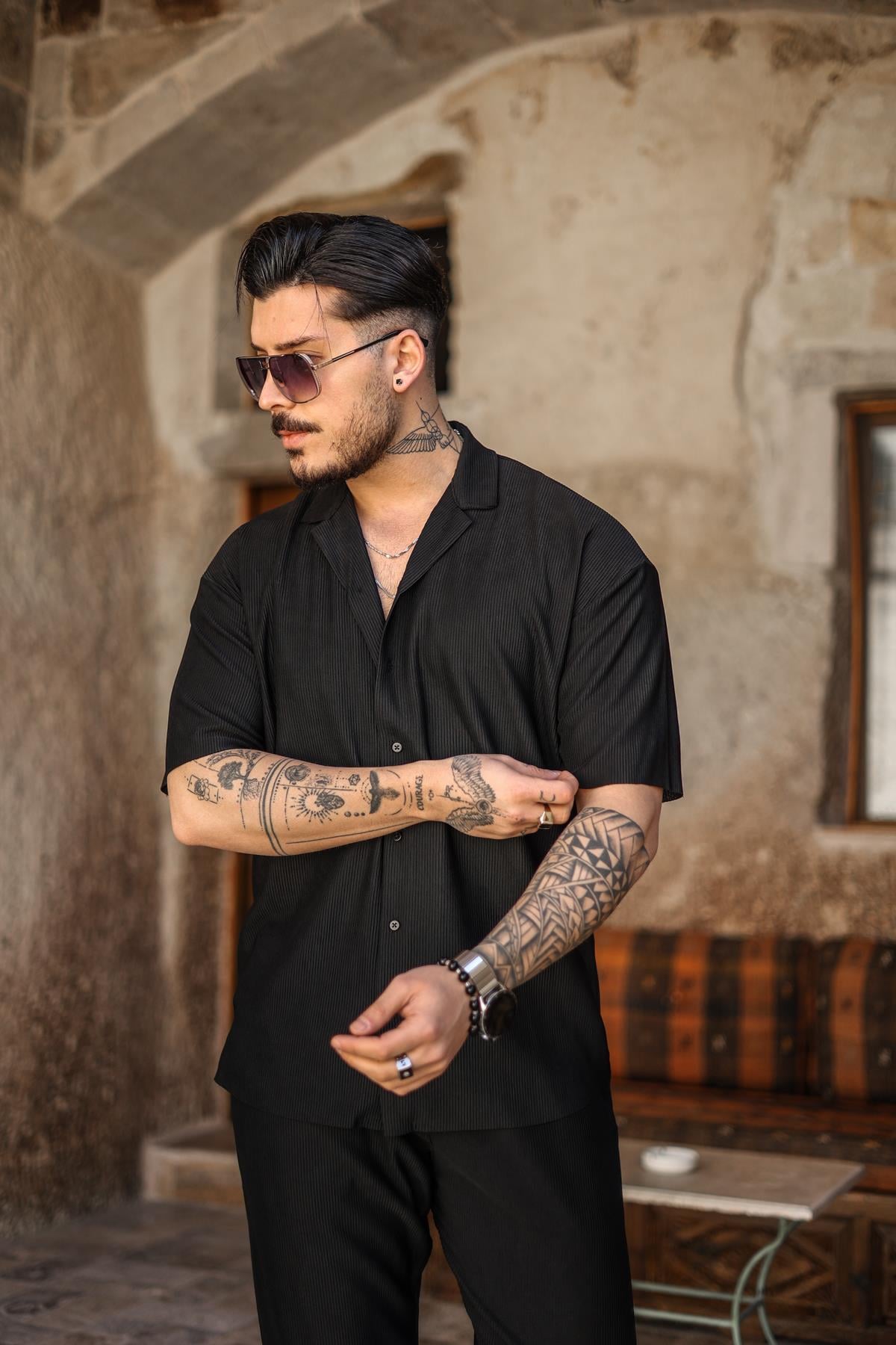 Düz Fitilli Oversize Kısa Kol Gömlek Siyah