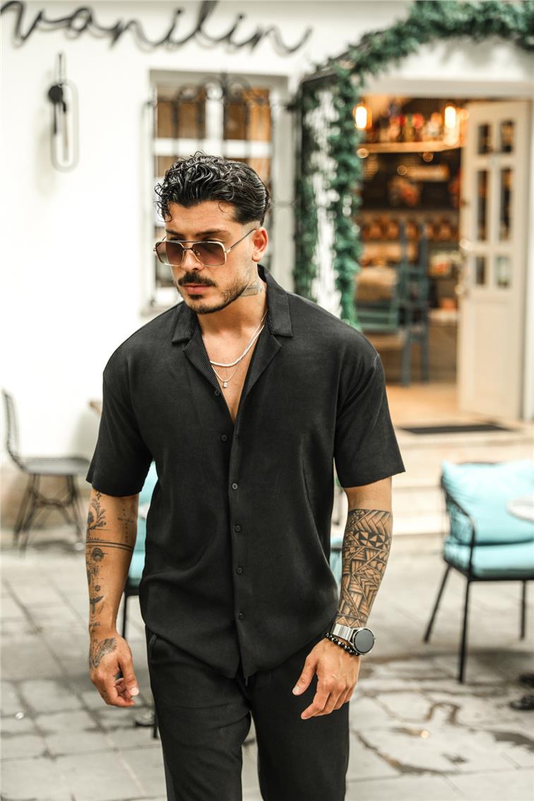 Düz Fitilli Oversize Kısa Kol Gömlek Siyah