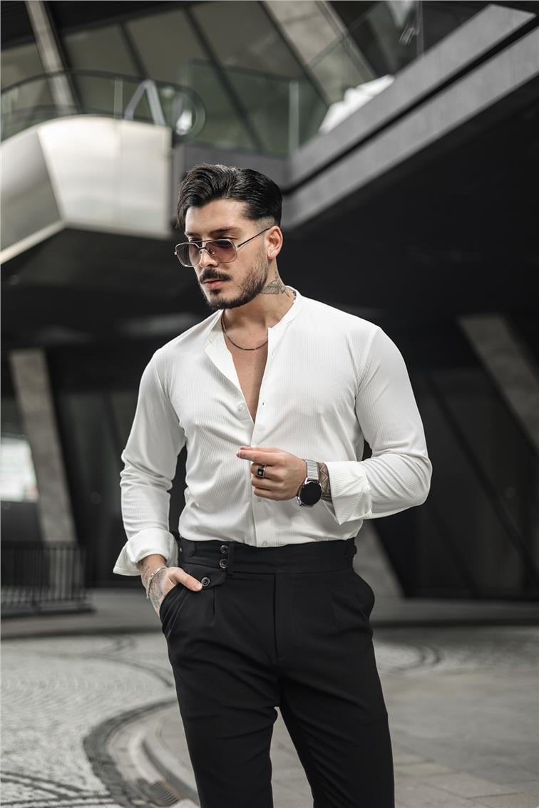 Düz Yaka Fitilli Slim Fit Gömlek Beyaz