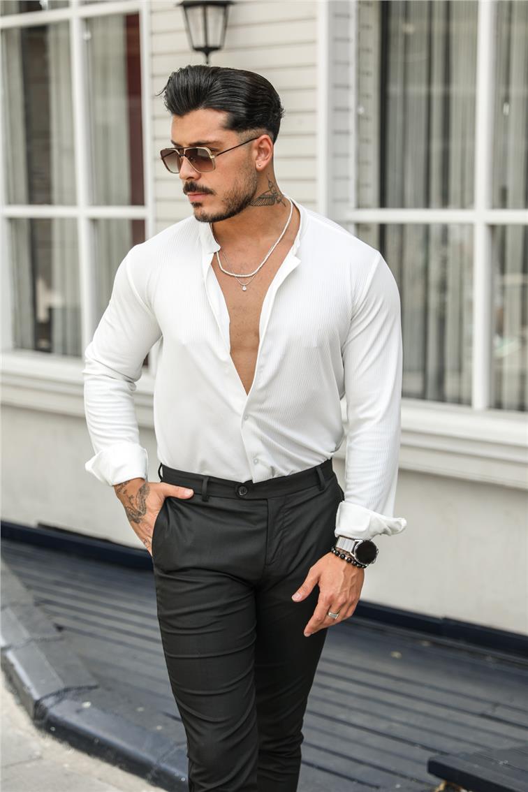 Düz Yaka Fitilli Slim Fit Gömlek Beyaz