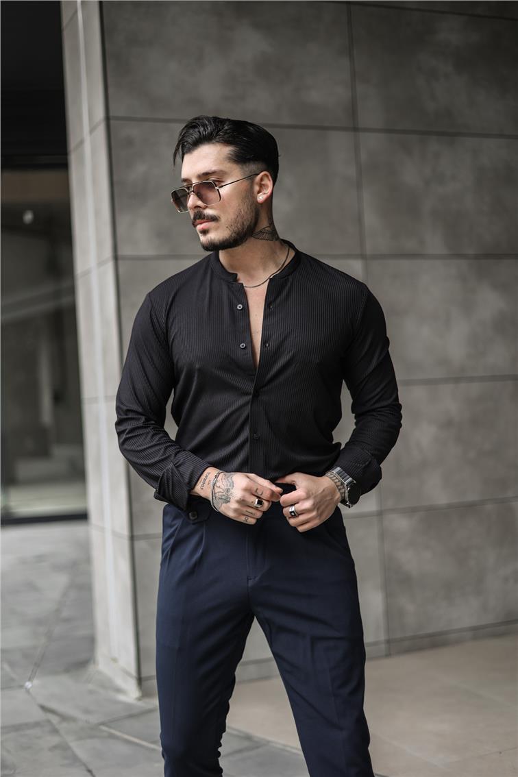 Düz Yaka Fitilli Slim Fit Gömlek Siyah