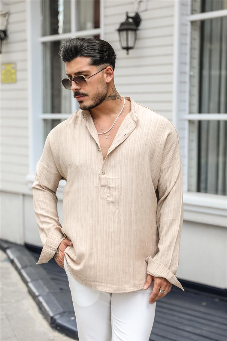 Düz Yaka Kabartmalı Şerit Detay Oversize Uzun Kol T-Shirt Bej