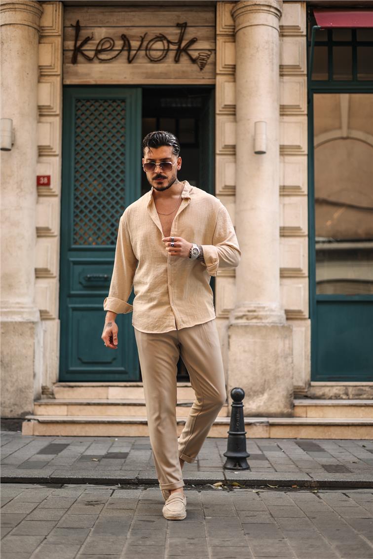 Düz Yaka Oversize Gömlek Bej