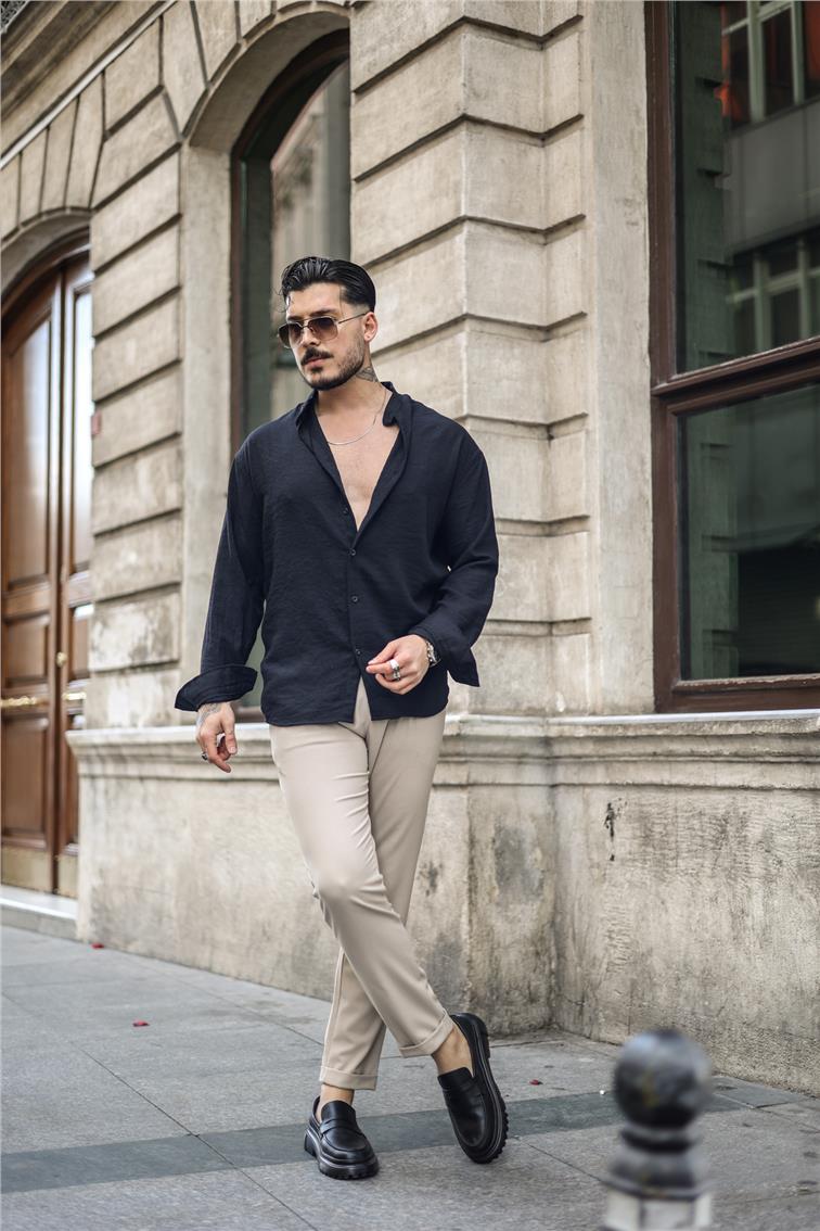 Düz Yaka Oversize Gömlek Siyah