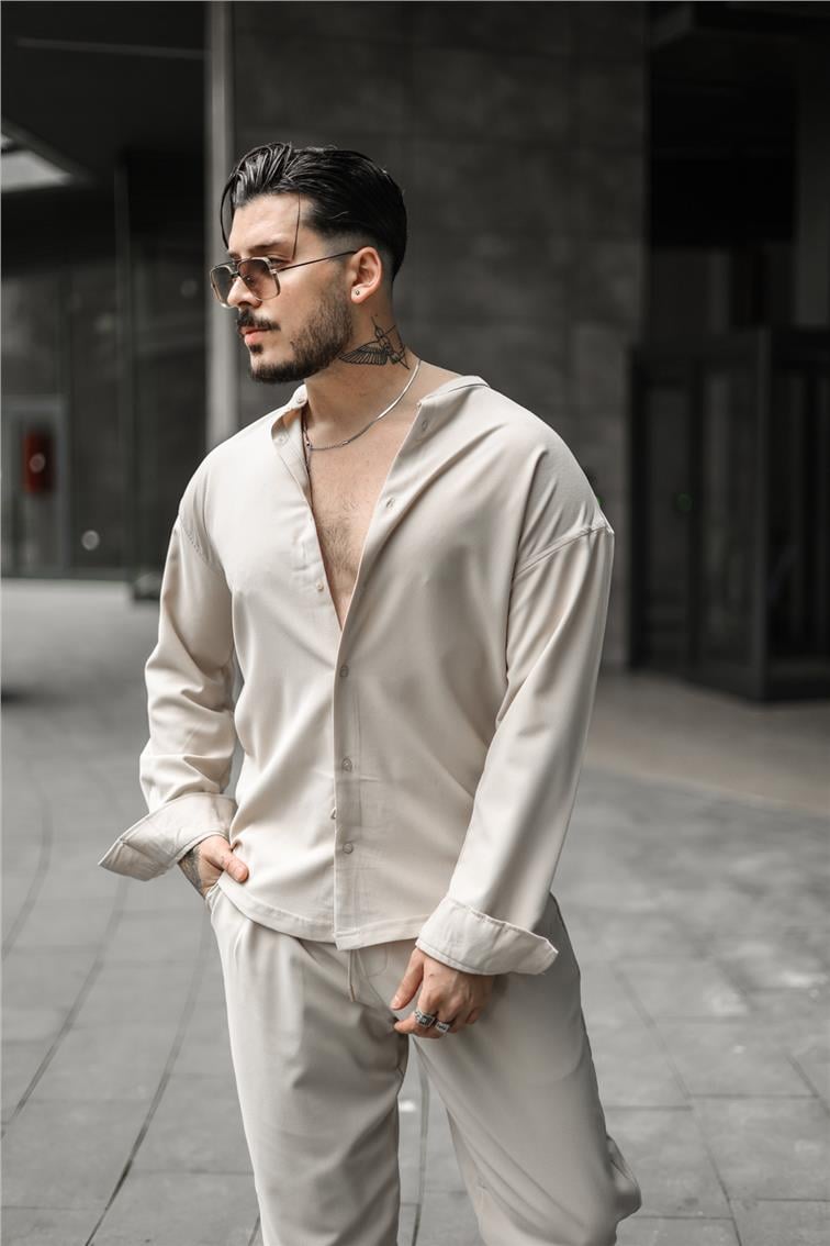 Düz Yaka Pamuklu Oversize Gömlek Bej