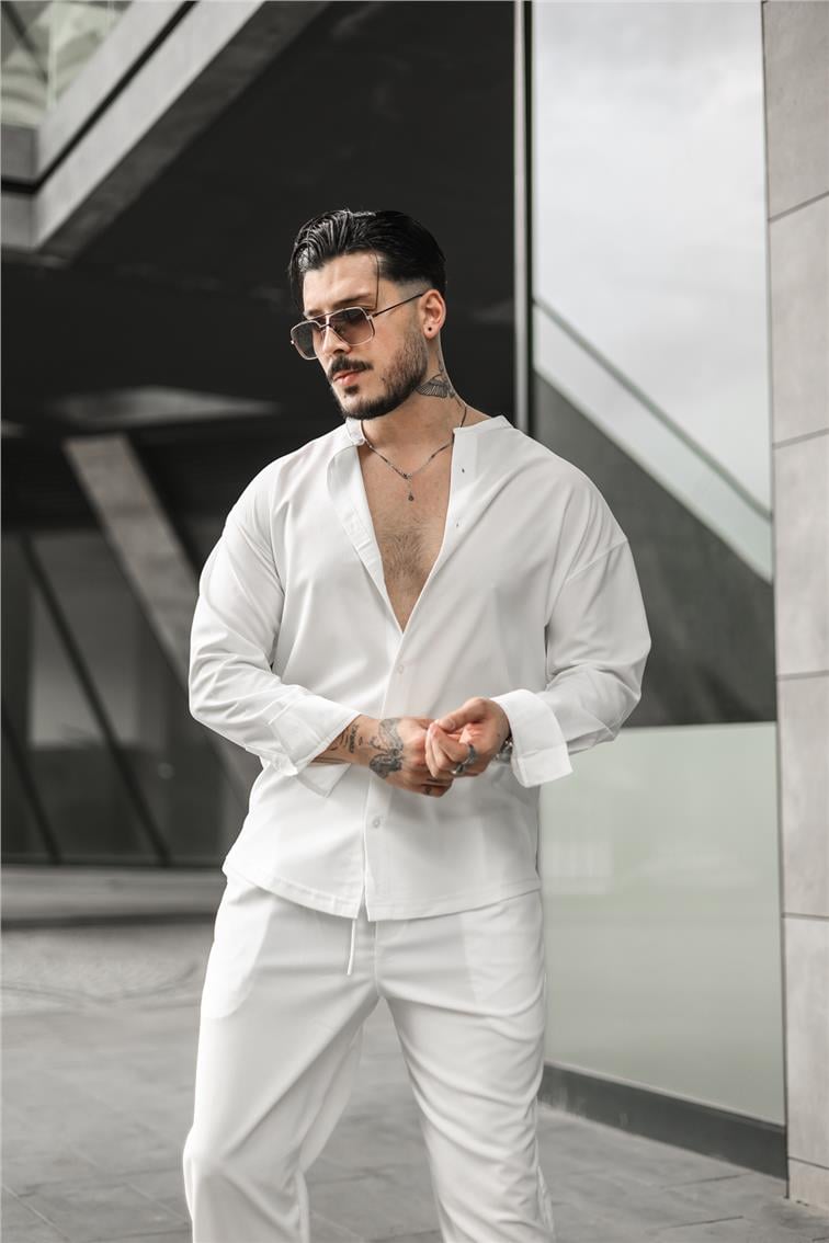 Düz Yaka Pamuklu Oversize Gömlek Beyaz