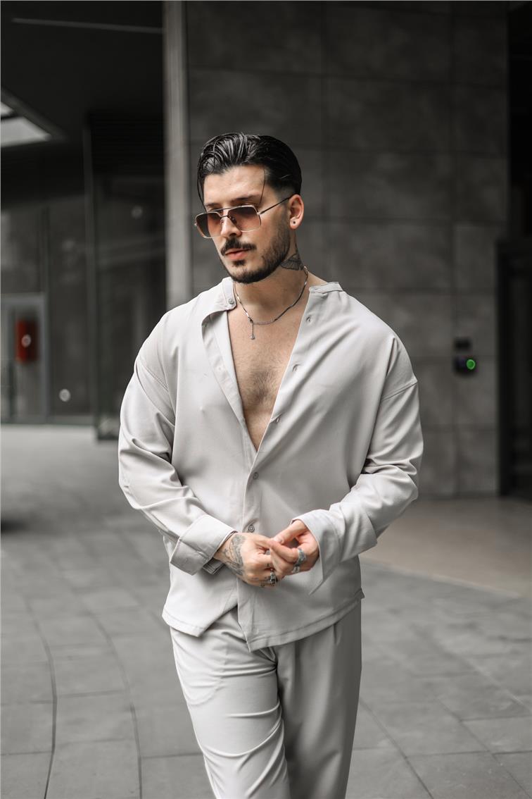 Düz Yaka Pamuklu Oversize Gömlek Gri