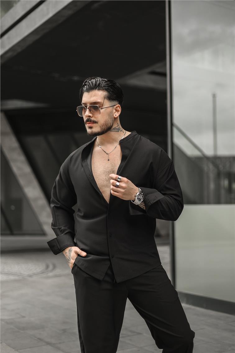 Düz Yaka Pamuklu Oversize Gömlek Siyah