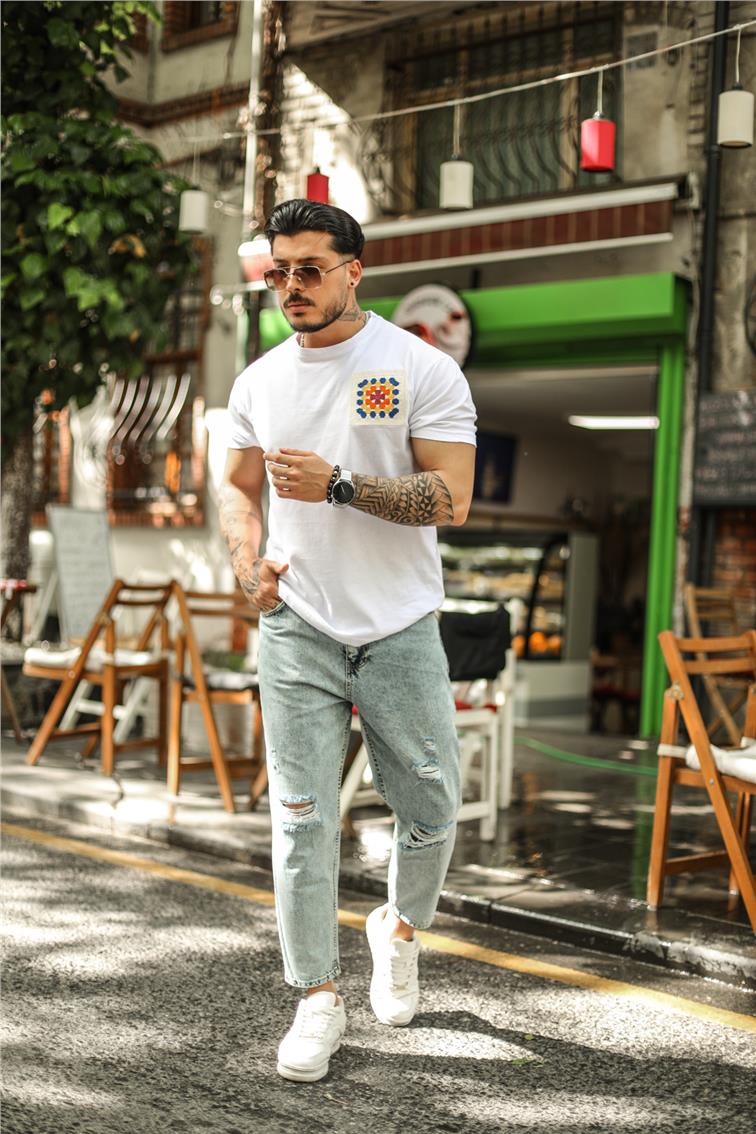 El Örgüsü Detaylı Oversize T-Shirt Beyaz