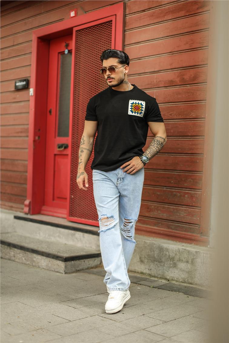 El Örgüsü Detaylı Oversize T-Shirt Siyah
