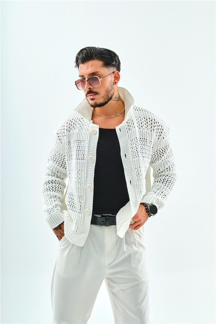 El Örgüsü Oversize Hırka Beyaz