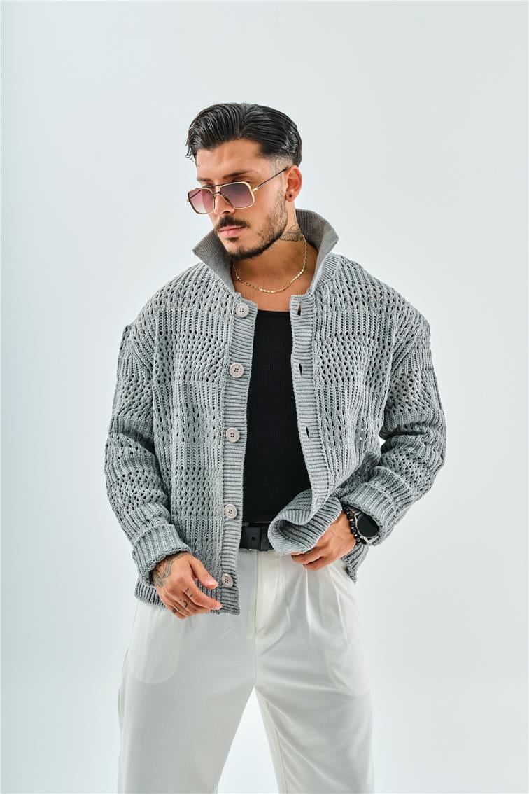 El Örgüsü Oversize Hırka Gri