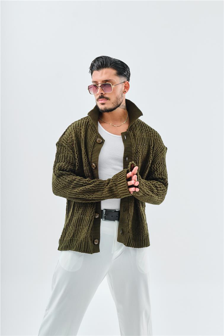 El Örgüsü Oversize Hırka Haki